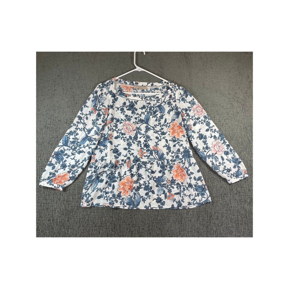 LOFT Womens Floral Peplum Blouse White Blue Coral‎ Ladder Lace Trim Size M